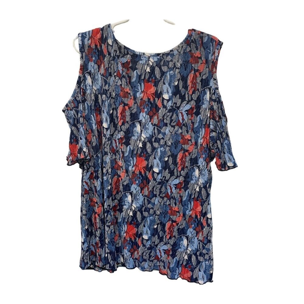 CATO Plus Size Cold Shoulder Blouse 26/28W Floral Pleated Design Blue‎ & Red